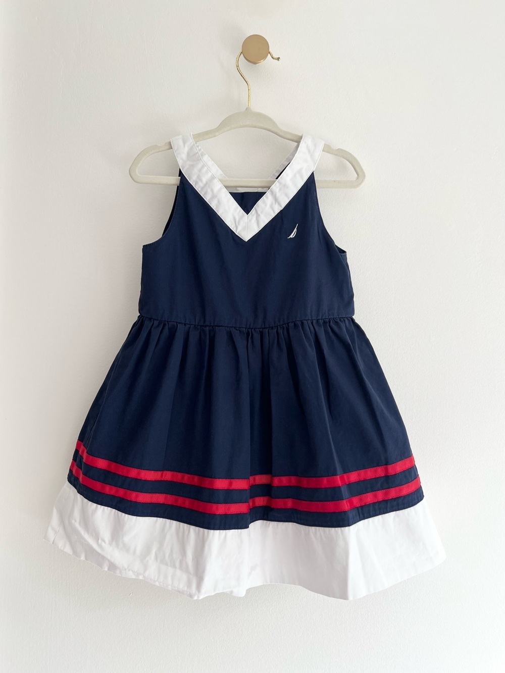 Nautica Girls Navy Dress with White Trim and Red Stripe Ribbon Accents | Girl 3T